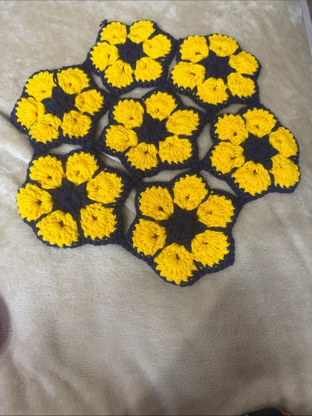 Handmade Crochet Flower Coasters - Yellow and Navy 13” (1)